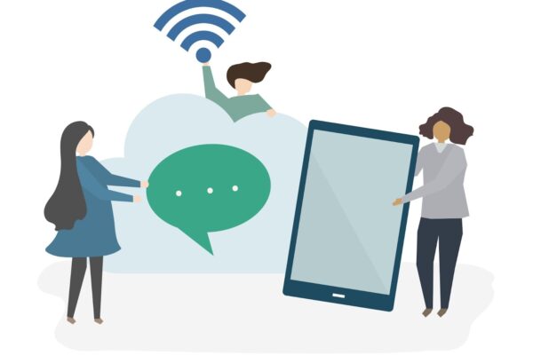 Illustration of three people holding large icons for a speech bubble, Wi-Fi, and a tablet to represent digital communication.